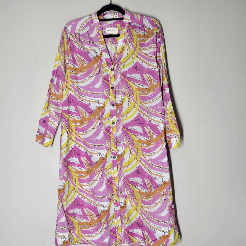 Anthro Vera Cotton Shirt Dress Pink‎ Orange Print Button XS Resortwear Preppy